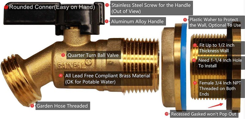 RAINPAL RBS022 Brass Rain Barrel Spigot(3/4"" Quarter Turn Ball Valve w/ Bulkhead Fitting and Thread Tape) - Image 3